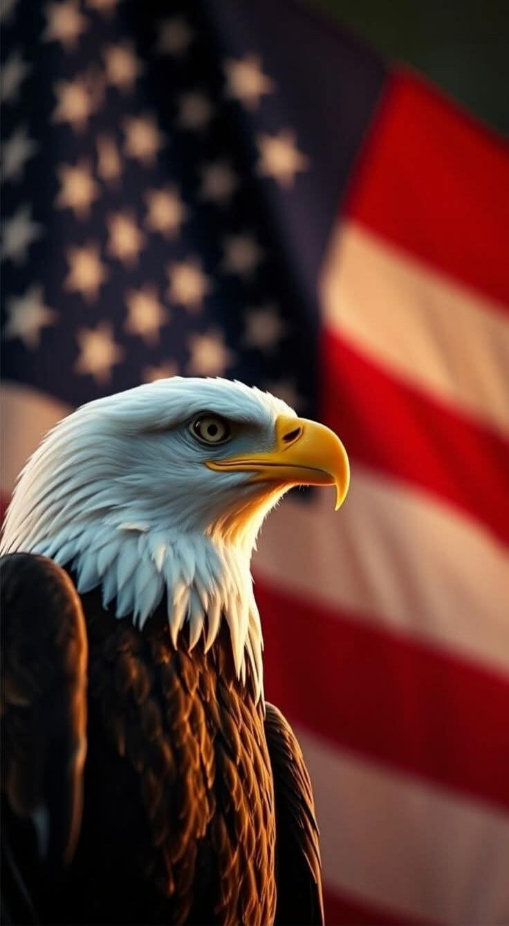 Bald eagle in front of the US flag.