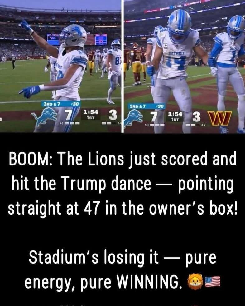 BOOM: The Lions just scored and hit the Trump dance — pointing straight at 47 in the owner’s box! Stadium’s losing it — pure energy, pure WINNING.