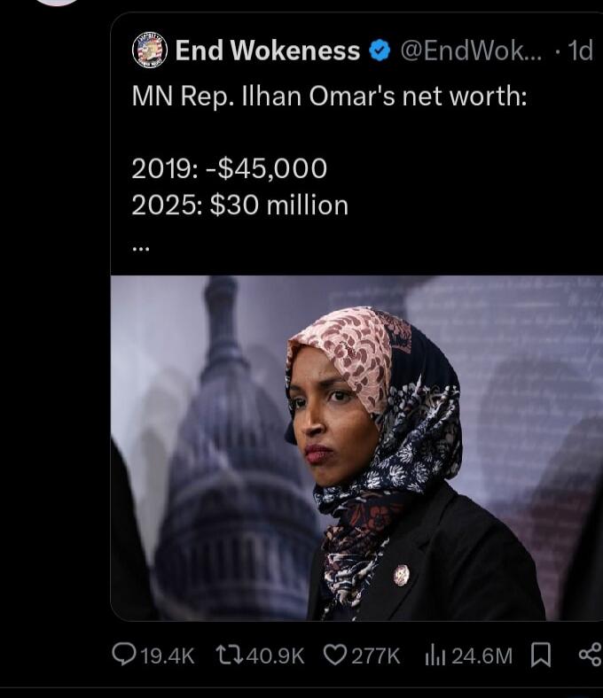 MN Rep. Ilhan Omar's net worth:\n2019: -$45,000\n2025: $30 million\n…