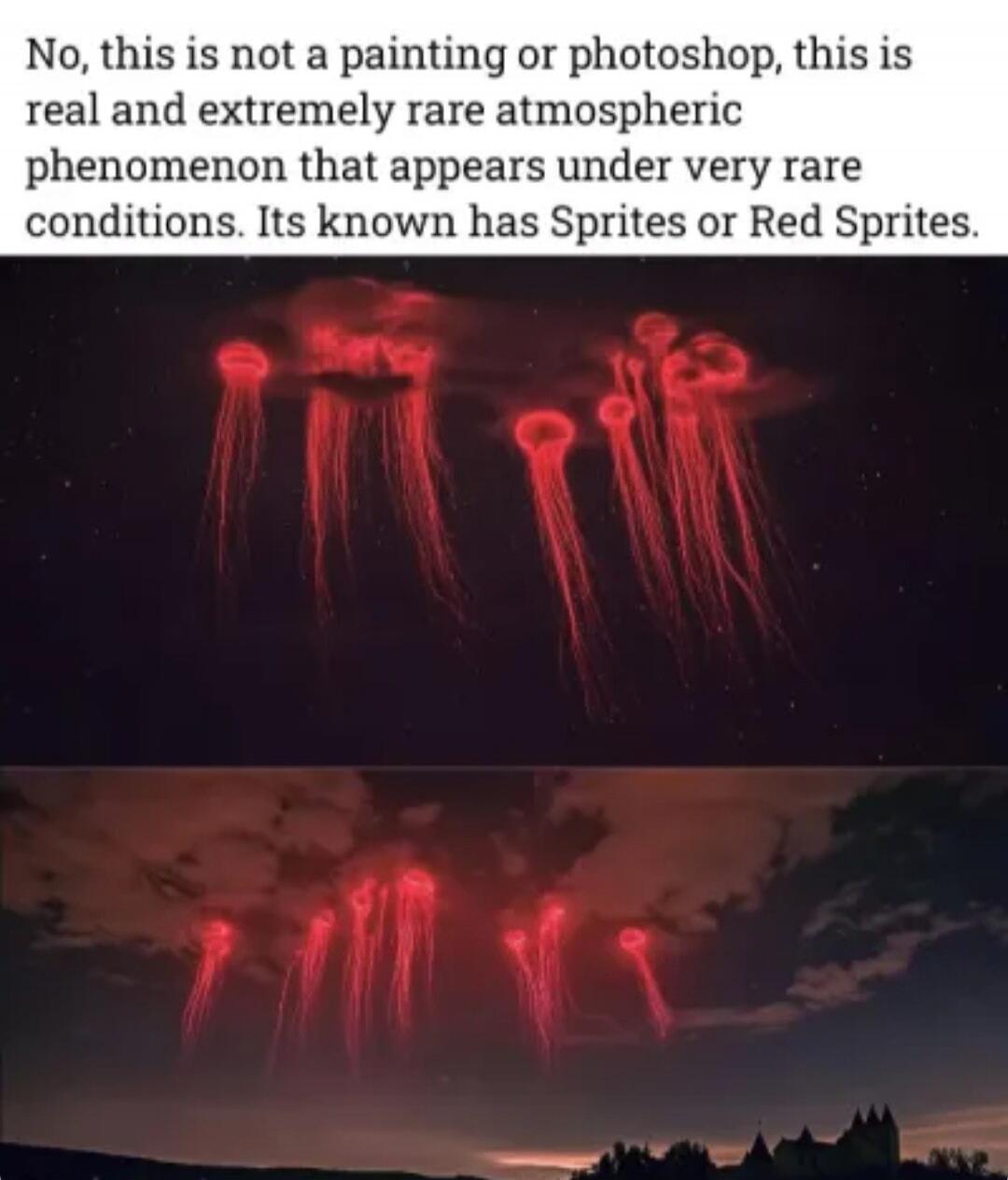 No, this is not a painting or photoshop, this is real and extremely rare atmospheric phenomenon that appears under very rare conditions. Its known has Sprites or Red Sprites.