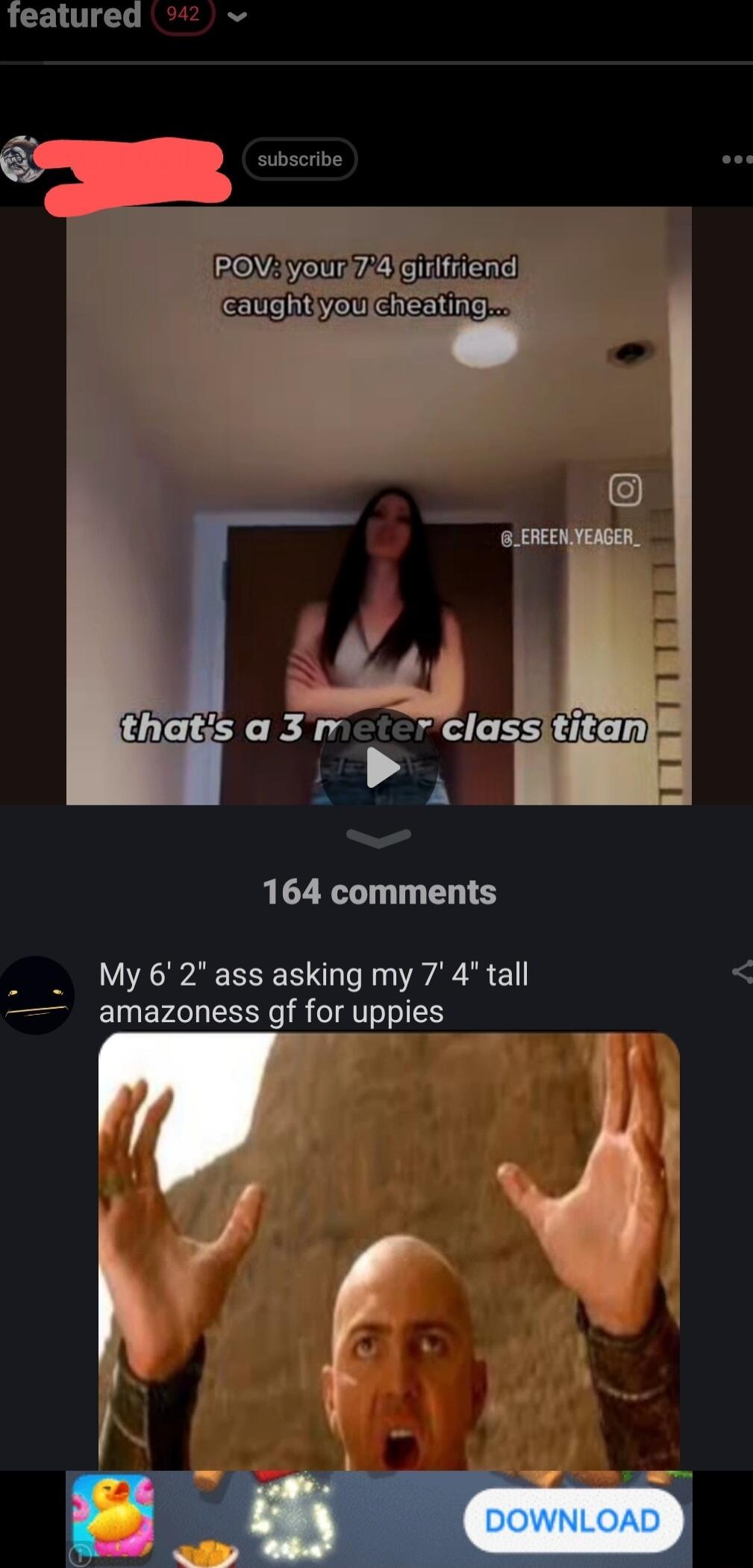 f a 3mecicrclassititan M 164 comments _ My62ass asking my 7 4 tall amazoness gf for uppies