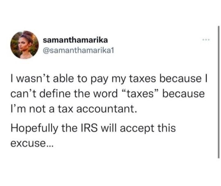 samanthamarika samanthamarikal wasnt able to pay my taxes because cant define the word taxes because Im not a tax accountant Hopefully the IRS will accept this exCuse