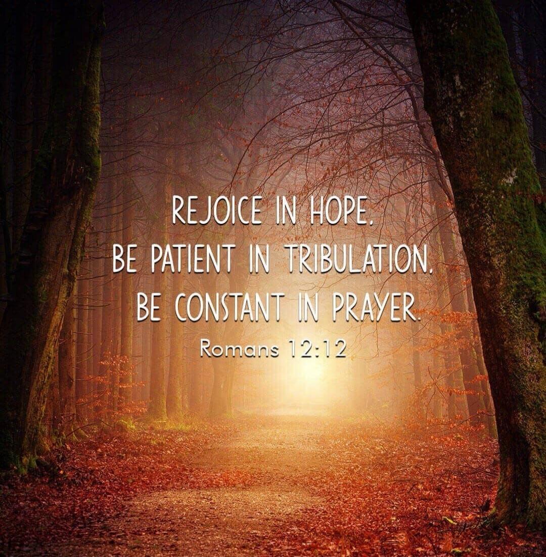 REJOICE IN HOPE. BE PATIENT IN TRIBULATION. BE CONSTANT IN PRAYER. Romans 12:12.