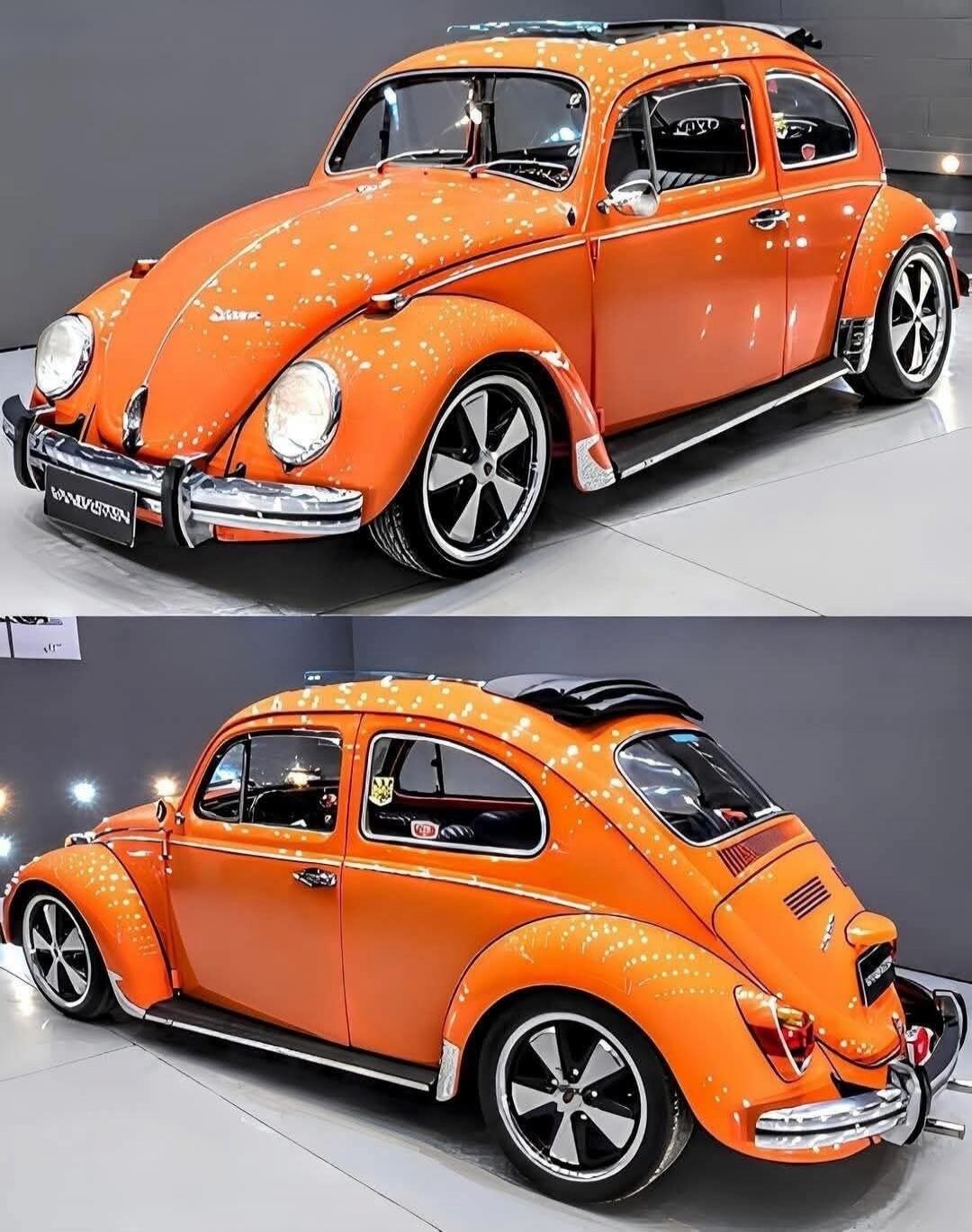 Orange customized Volkswagen Beetle shown from front and rear angles.