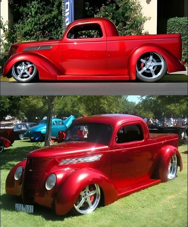 A custom red hot rod pickup truck is shown from two different angles. The truck has a lowered suspension and large chrome wheels.