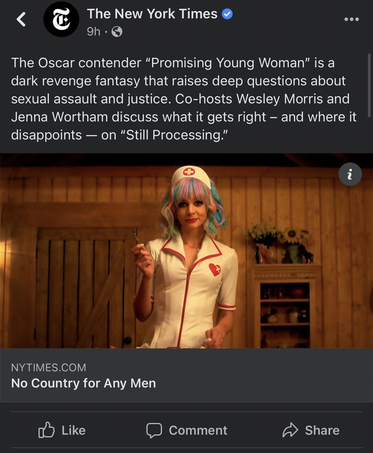 The New York Times h Q The Oscar contender Promising Young Woman is a oI MV SR E I A IR STl e 1 oM VTS d l g 5 oYelU SO VEIEEE V18T BIVES dol SO0 B o To 1 SV VA Y oT d g I RTo Po Jenna Wortham discuss what it gets right and where it disappoints on Still Processing INNERIVISSX o0 N eZe1013 a VA o Na VA 13 o Like Comment Share