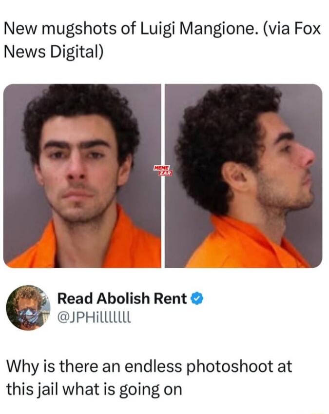 New mugshots of Luigi Mangione via Fox News Digital Read Abolish Rent JPHilllLi Why is there an endless photoshoot at this jail what is going on