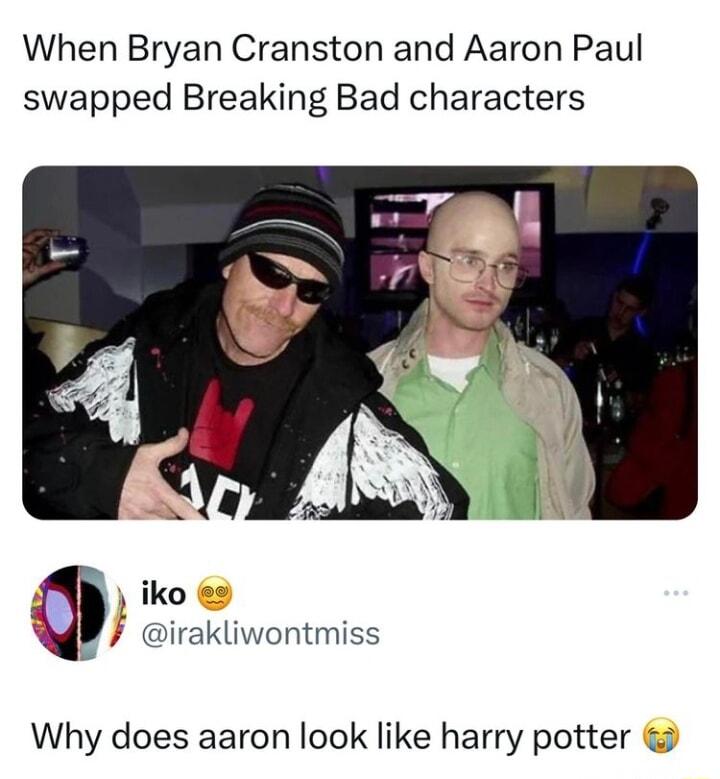 When Bryan Cranston and Aaron Paul swapped Breaking Bad characters 4 Liko L irakliwontmiss Why does aaron look like harry potter