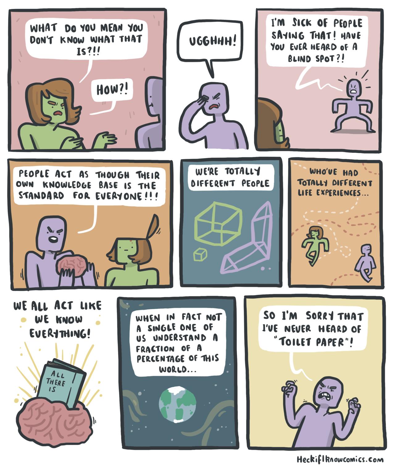 WHAT Do Y0U MEM You Sk oF PROPLE DONT Know WHAT THAT e s i 100 ER WEMD ot suwo stor PLOPLE ACT A5 THOUGH TR weRE ToTALY Rope s own KNOWLEDGE BASE 15 THE biesEeENT Tothut sLEnT STAMDARD FoR EVERYONE iy WE AL ACT LKE WE know o 18 FACT M S0 M Soed THAT EUERIMING 8 Swlots ot of 1UE NEUER WEALD of 0 GADERSTAND A H FRacTion of A ToILET PAPER PRRCONTAGE 0F WIS woed Heckifowcomcs com