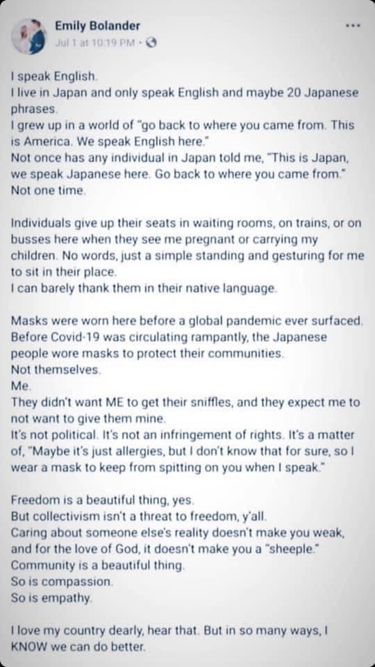 F Emily Bolander 2T at1019PM speak English live in Japan and only speak English and maybe 20 Japanese phrases I grew up in a world of go back to where you came from This is America We speak English here Not once has any individual in Japan told me This is Japan we speak Japanese here Go back to where you came from Not one time Individuals give up their seats in waiting rooms on trains or on busses