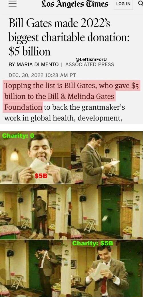 fo0s Angeles Cimes oew Q Bill Gates made 2022 biggest charitable donation 5 billion BY MARIA DI MENTO ASSOCIATED PRESS 1l DEC 30 2022 1028 AM PT Topping the list is Bill Gates who gave 5 billion to the Bill Melinda Gates Foundation to back the grantmakers work in global health development