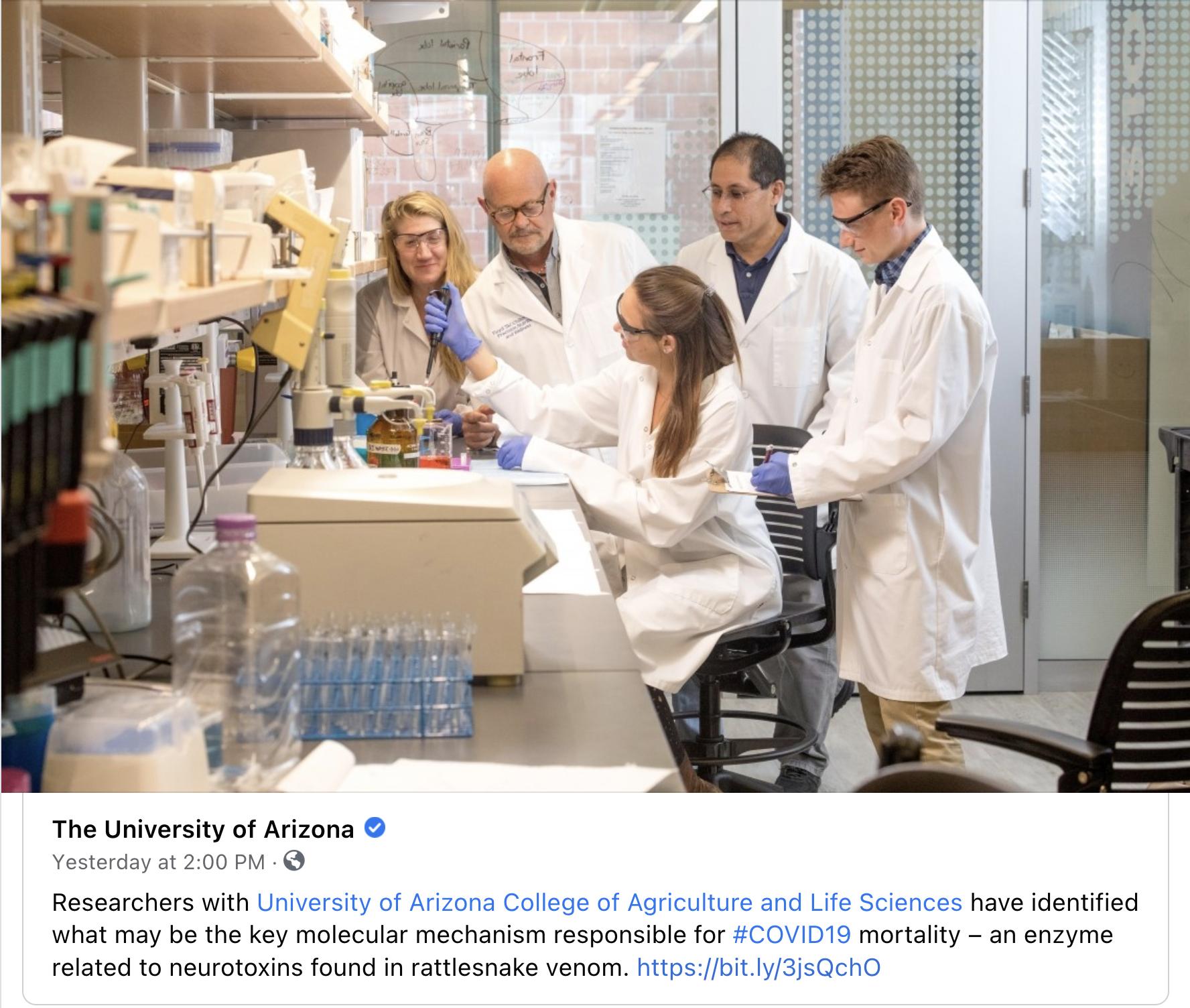 The University of Arizona Yesterday at 200 PM Researchers with University of Arizona College of Agriculture and Life Sciences have identified what may be the key molecular mechanism responsible for COVID19 mortality an enzyme related to neurotoxins found in rattlesnake venom httpsbitly3jsQchO