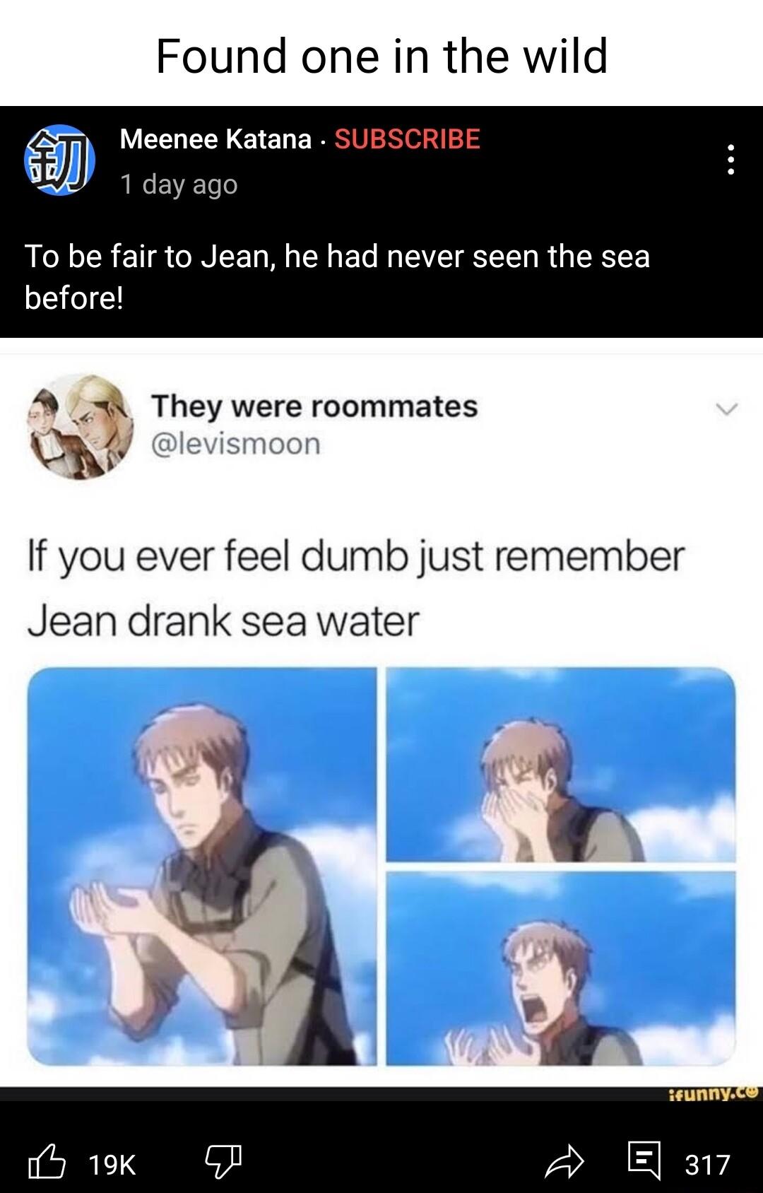 Found one in the wild g Meenee Katana 1 day ago To be fair to Jean he had never seen the sea before A s They were roommates Y If you ever feel dumb just remember Jean drank sea water