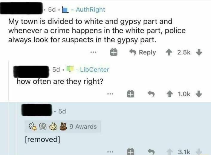 My town is divided to white and gypsy part and whenever a crime happens in the white part police always look for suspects in the gypsy part E Reply 4 25k 5d I LibCenter how often are they right 9 Awards removed B o 2103 A o 31k