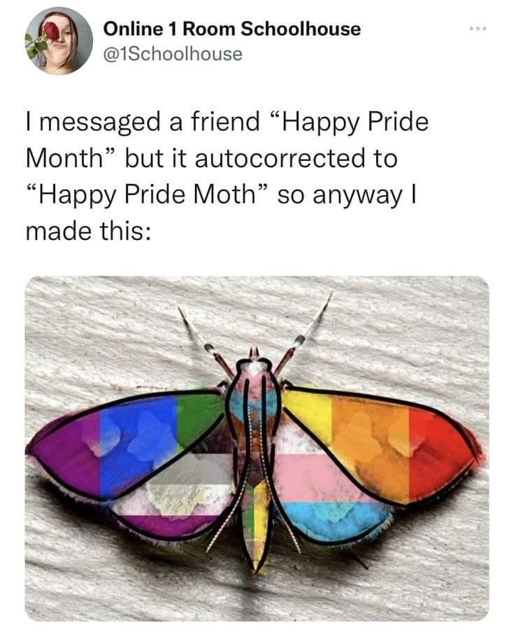 Online 1 Room Schoolhouse 1Schoolhouse messaged a friend Happy Pride Month but it autocorrected to Happy Pride Moth so anyway made this