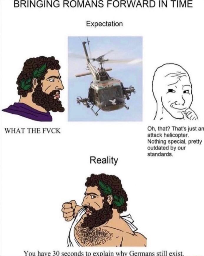 BRINGING ROMANS FORWARD IN TIME Expectation VHAT THE Oh that Thats just an WHAT THE FVCK attack helcopter Nothing special pretty outdated by our standards Reality You have 30 seoonds to exnlain why Germana still exiat