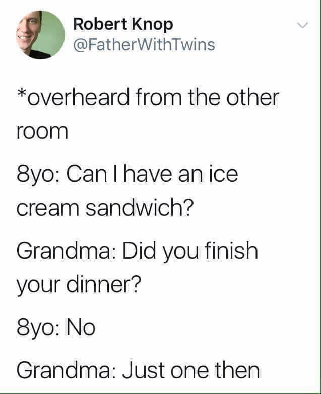 4 Robert Knop FatherWithTwins overheard from the other room 8yo Can have anice cream sandwich Grandma Did you finish your dinner 8yo No Grandma Just one then