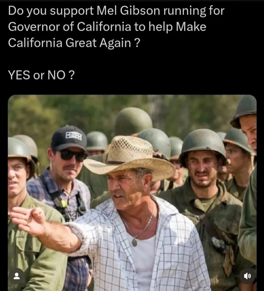 Do you support Mel Gibson running for Governor of California to help Make California Great Again ? YES or NO ?