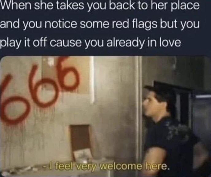 vwhen she takes you back to her place and you notice some red flags but you play it off cause you already in love