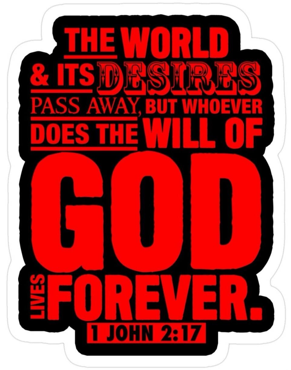 THE WORLD & ITS DESIRES PASS AWAY, BUT WHOEVER DOES THE WILL OF GOD LIVES FOREVER. 1 JOHN 2:17