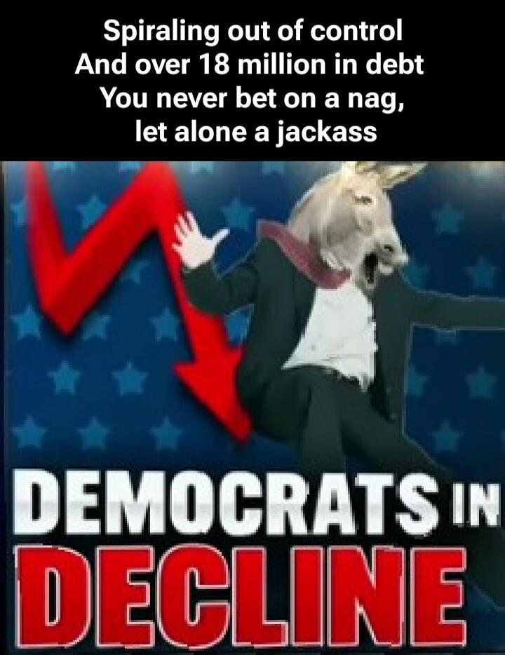 Spiraling out of control And over 18 million in debt You never bet on a nag, let alone a jackass DEMOCRATS IN DECLINE