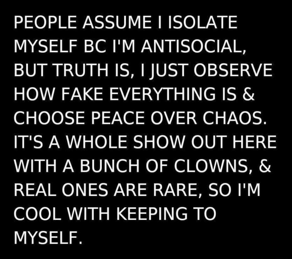 PEOPLE ASSUME I ISOLATE MYSELF BC I'M ANTISOCIAL, BUT TRUTH IS, I JUST OBSERVE HOW FAKE EVERYTHING IS & CHOOSE PEACE OVER CHAOS. IT'S A WHOLE SHOW OUT HERE WITH A BUNCH OF CLOWNS, & REAL ONES ARE RARE, SO I'M COOL WITH KEEPING TO MYSELF.