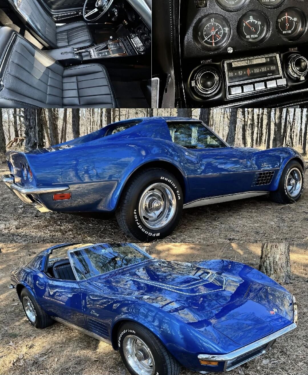 The image displays a collage of a classic blue Chevrolet Corvette. The top left shows the interior, highlighting the black leather seats and dashboard. The top right focuses on the dashboard instruments and radio. The bottom two images showcase the exterior of the car from different angles, emphasizing its sleek design and vibrant blue paint.