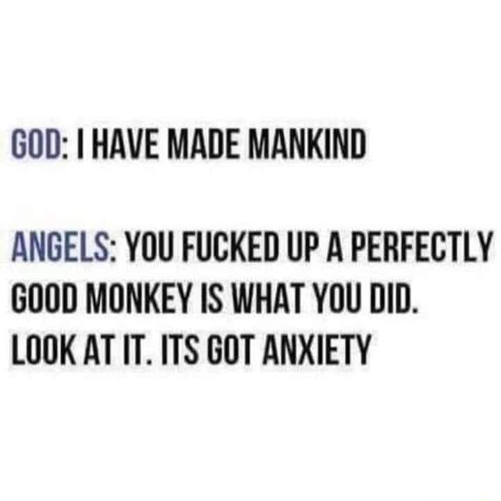 GOD HAVE MADE MANKIND ANGELS YOU FUCKED UP A PERFECTLY GOOD MONKEY IS WHAT YOU DID LOOK AT IT ITS GOT ANXIETY