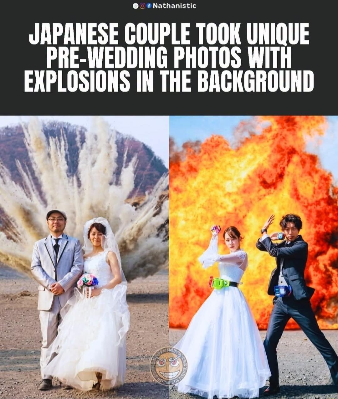 JAPANESE COUPLE TOOK UNIQUE PRE-WEDDING PHOTOS WITH EXPLOSIONS IN THE BACKGROUND