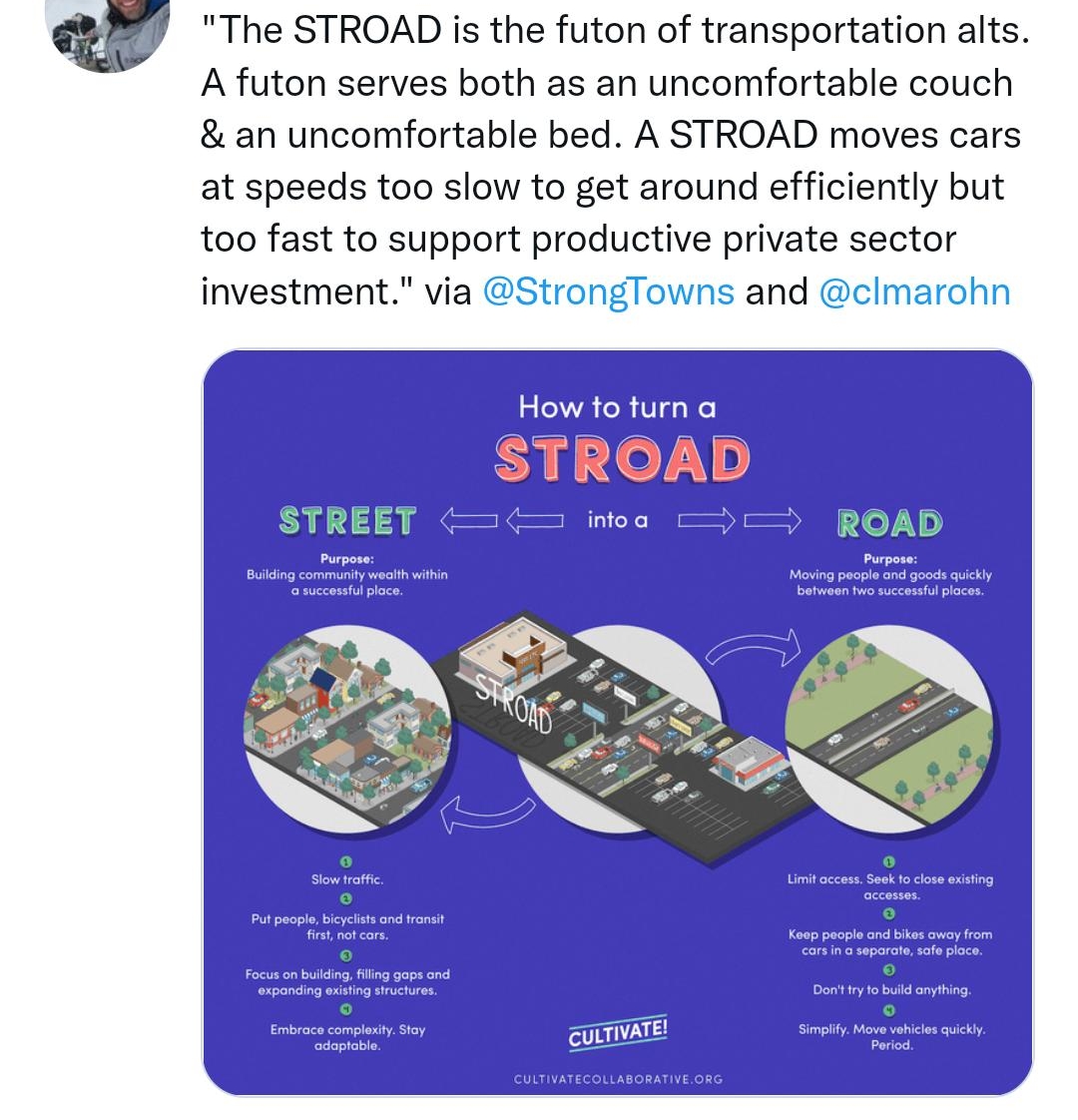 TrafEngdLivC TomB Nov 10 2021 The STROAD is the futon of transportation alts A futon serves both as an uncomfortable couch an uncomfortable bed A STROAD moves cars at speeds too slow to get around efficiently but too fast to support productive private sector investment via