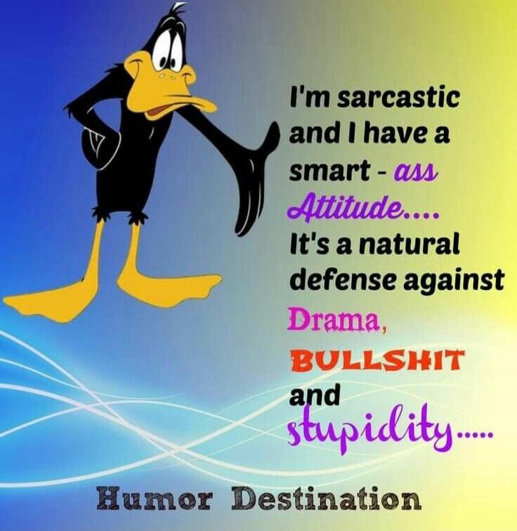 I'm sarcastic and I have a smart-ass Attitude.... It's a natural defense against Drama, BULLSHIT and stupidity..... Humor Destination