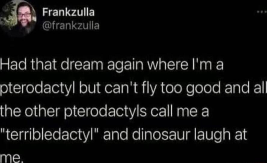 IB e Had that dream again where Im a pterodactyl but cant fly too good and al the other pterodactyls call me a terribledactyl and dinosaur laugh at me