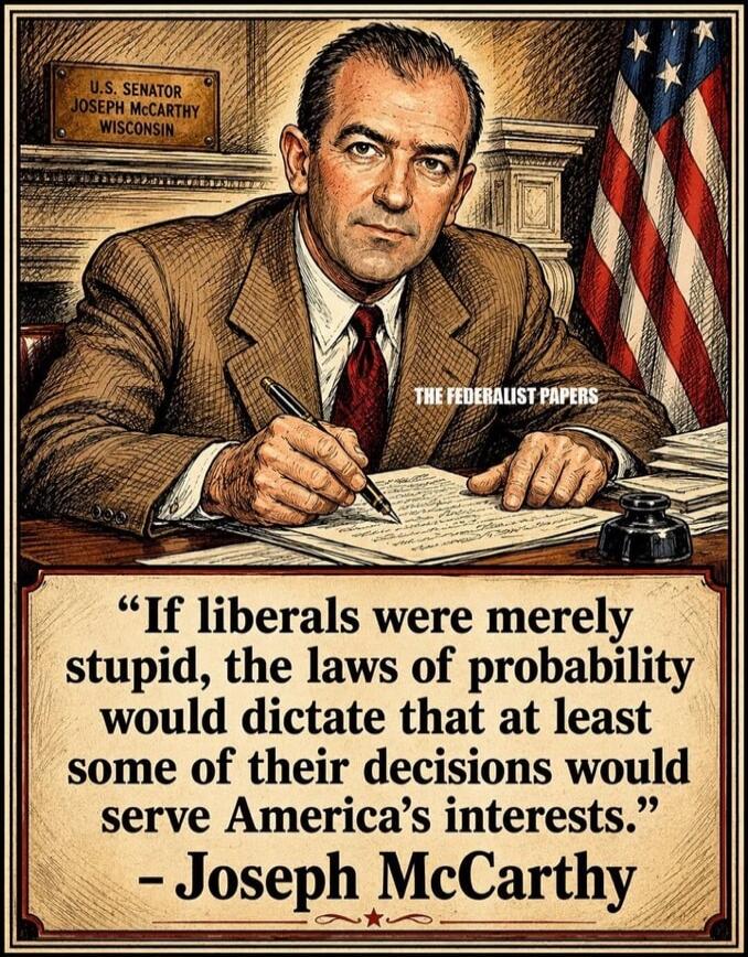 U.S. SENATOR JOSEPH MCCARTHY WISCONSIN THE FEDERALIST PAPERS If liberals were merely stupid, the laws of probability would dictate that at least some of their decisions would serve America's interests. - Joseph McCarthy