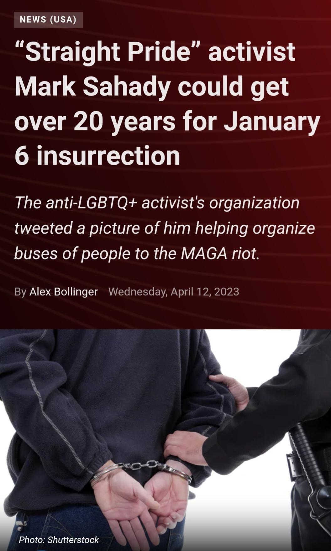 NEWS USA Straight Pride activist Y ETL QT EL AT e TY AT IRTETCR T NELTTET Y 6 insurrection The anti LGBTQ activists organization tweeted a picture of him helping organize buses of people to the MAGA riot By Alex Bollinger Wednesday April 122023 Photo Shutterstock