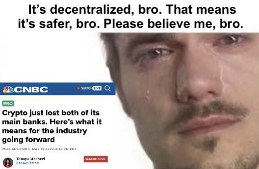 Its decentralized bro That means its safer bro Please believe me bro Crypto just lost both of its main banks Heres what it means for the industry