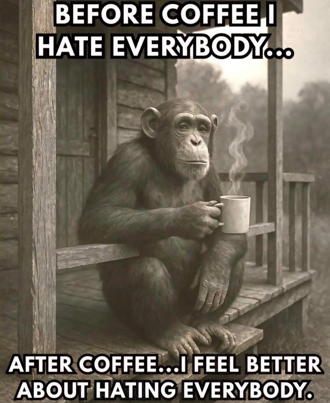 BEFORE COFFEE I HATE EVERYBODY... AFTER COFFEE... I FEEL BETTER ABOUT HATING EVERYBODY.