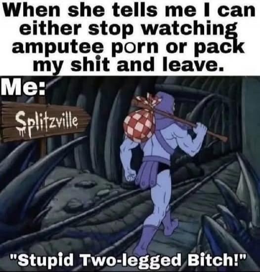 When she tells me I can either stop watching amputee porn or pack my shit and leave. Me: Splitzville. 