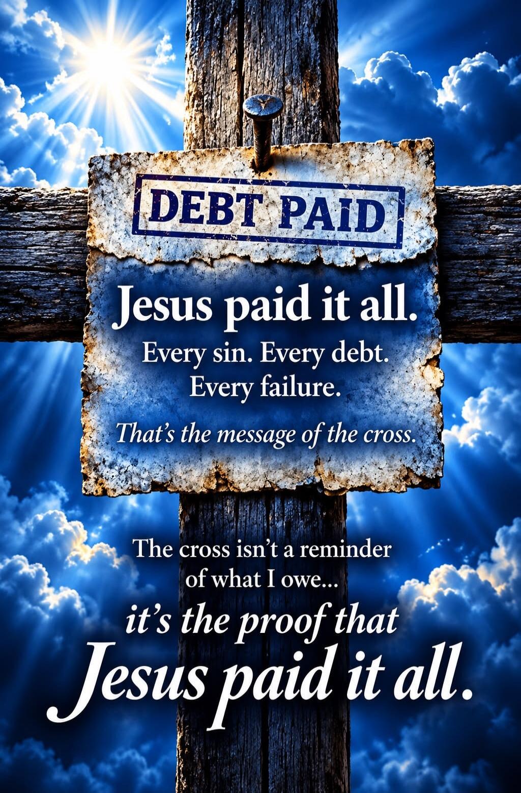 DEBT PAID Jesus paid it all. Every sin. Every debt. Every failure. That's the message of the cross. The cross isn't a reminder of what I owe... it's the proof that Jesus paid it all.