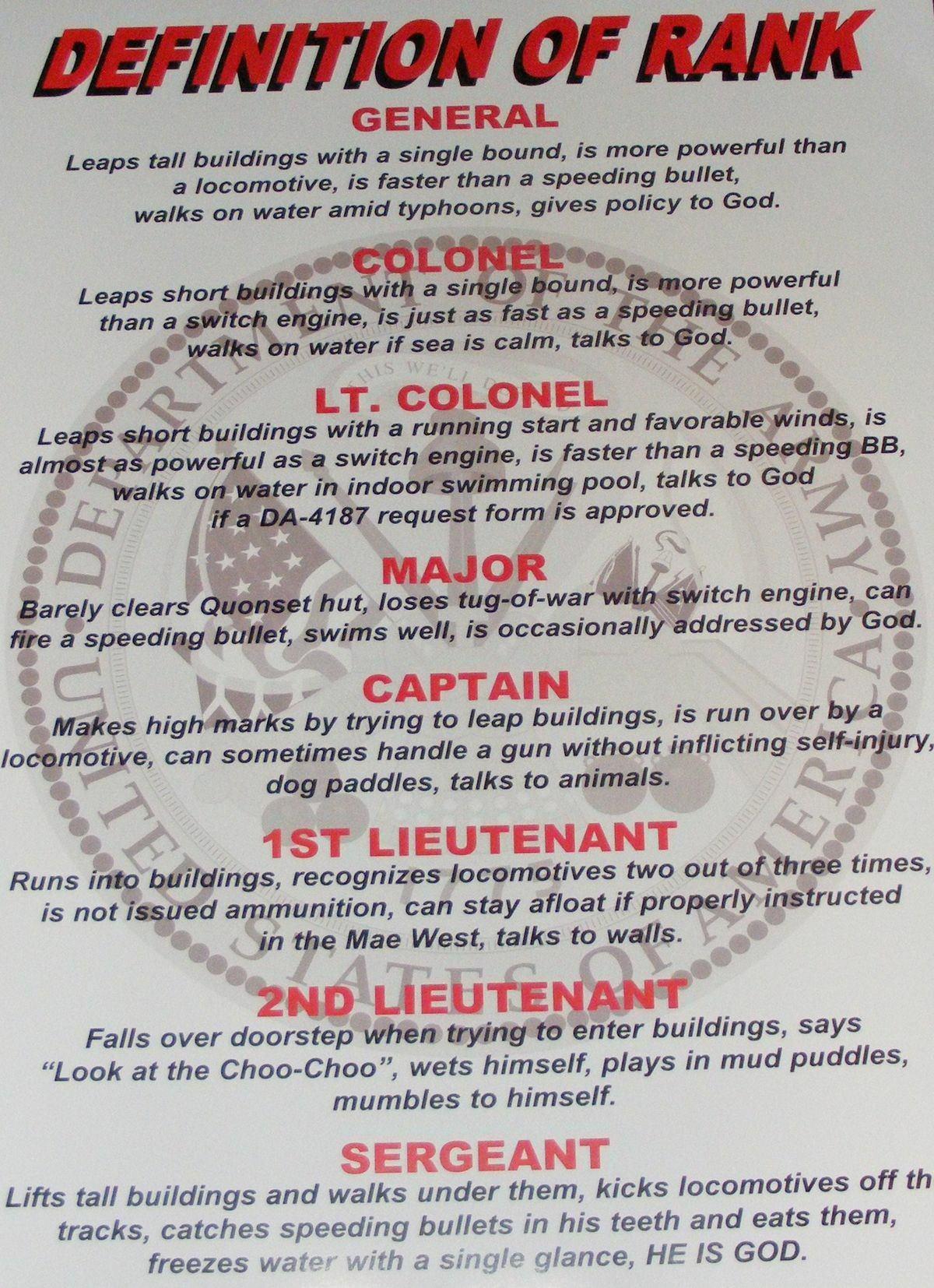 DEFINITION OF RANK GENERAL Leaps tall buildings with a single bound is more powerful than a locomotive is faster than a speeding bullet walks on water amid typhoons gives policy to God o eo Leaps shorh ith a si nch re powerful than a sW engine is just as fast as a bullet OQq water if sea is calm talks g o D Qo LT COLONEL S S Les short buildings with a running start and favorablviaf_fvinv is almis_