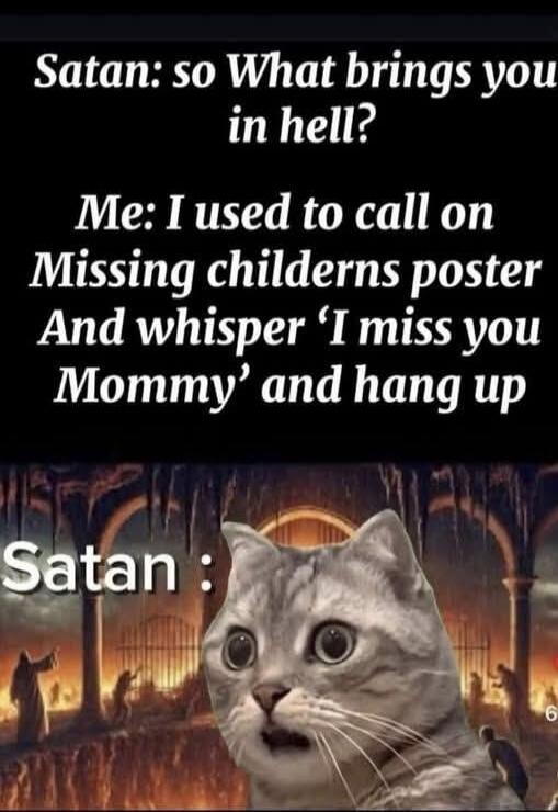 Satan: so What brings you in hell? Me: I used to call on Missing childerns poster And whisper 'I miss you Mommy' and hang up Satan :