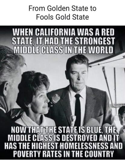 From Golden State to Fools Gold State WHEN CALIFORNIA WAS A RED STATE, IT HAD THE STRONGEST MIDDLE CLASS IN THE WORLD NOW THAT THE STATE IS BLUE, THE MIDDLE CLASS IS DESTROYED AND IT HAS THE HIGHEST HOMELESSNESS AND POVERTY RATES IN THE COUNTRY
