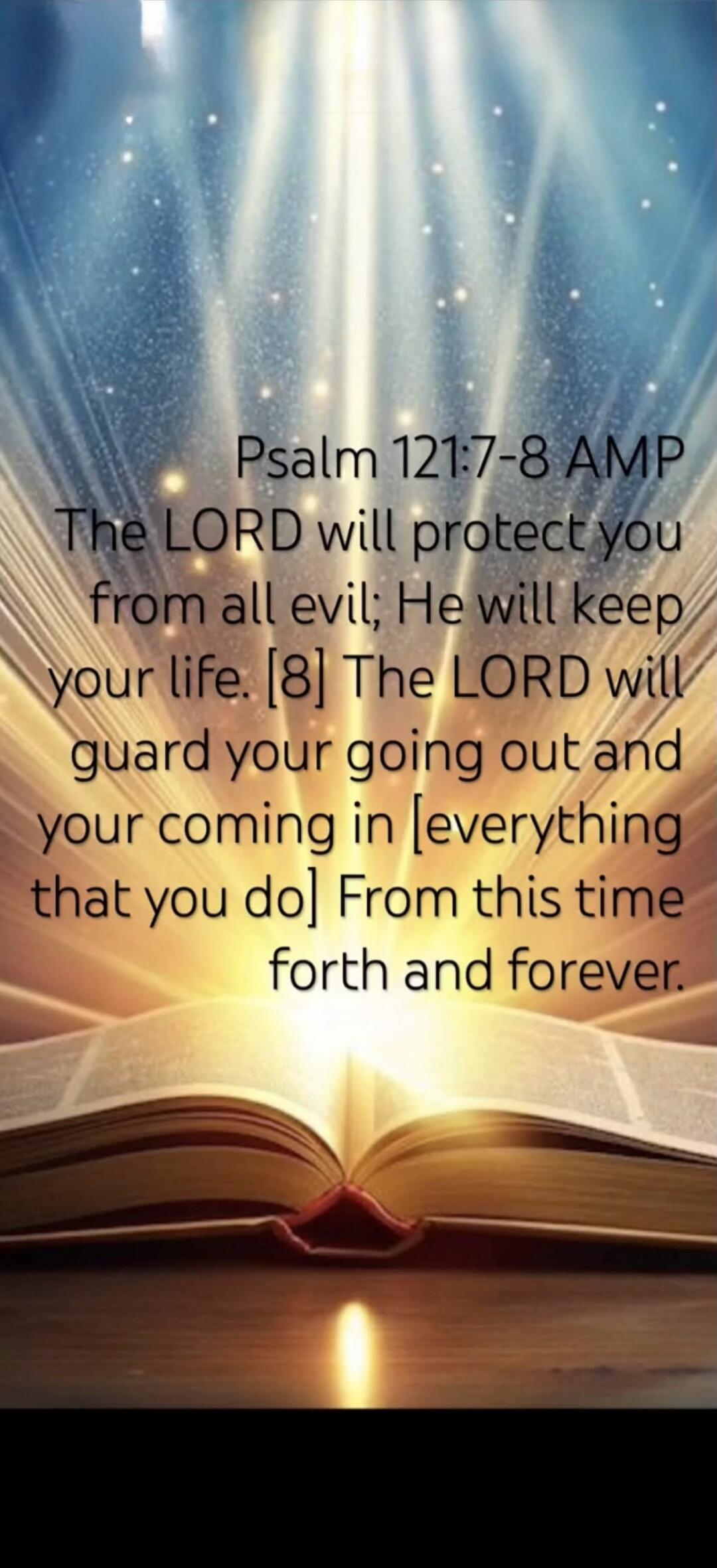 Psalm 121:7-8 AMP The LORD will protect you from all evil; He will keep your life. [8] The LORD will guard your going out and your coming in [everything that you do] From this time forth and forever.
