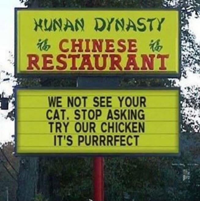 HUNAN DYNASTY CHINESE RESTAURANT WE NOT SEE YOUR CAT. STOP ASKING TRY OUR CHICKEN IT'S PURRRFECT