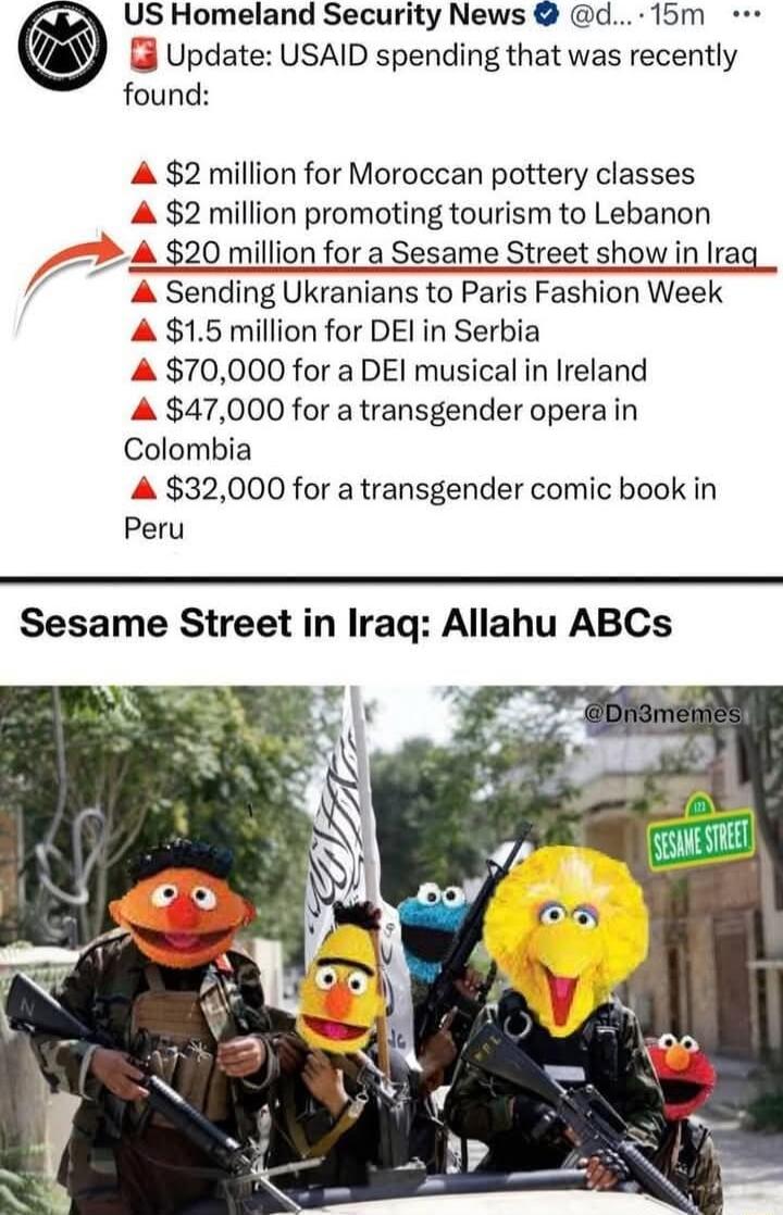 US Homeland Security News d 15m Update USAID spending that was recently found A 2 million for Moroccan pottery classes A 2 million promoting tourism to Lebanon A 20 million for a Sesame Street show in Irag_ A Sending Ukranians to Paris Fashion Week A 15 million for DEI in Serbia A 70000 for a DEI musical in Ireland A 47000 for a transgender opera in Colombia A 32000 for a transgender comic book in