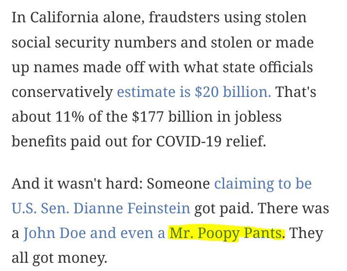 In California alone fraudsters using stolen social security numbers and stolen or made up names made off with what state officials conservatively estimate is 20 billion Thats about 11 of the 177 billion in jobless benefits paid out for COVID 19 relief And it wasnt hard Someone claiming to be US Sen Dianne Feinstein got paid There was a John Doe and even a M Paopy Pants They all got money