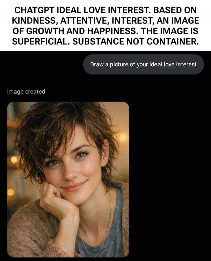 CHATTGPT IDEAL LOVE INTEREST. BASED ON KINDNESS, ATTENTIVE, INTEREST, AN IMAGE OF GROWTH AND HAPPINESS. THE IMAGE IS SUPERFICIAL. SUBSTANCE NOT CONTAINER. Draw a picture of your ideal love interest

Image created