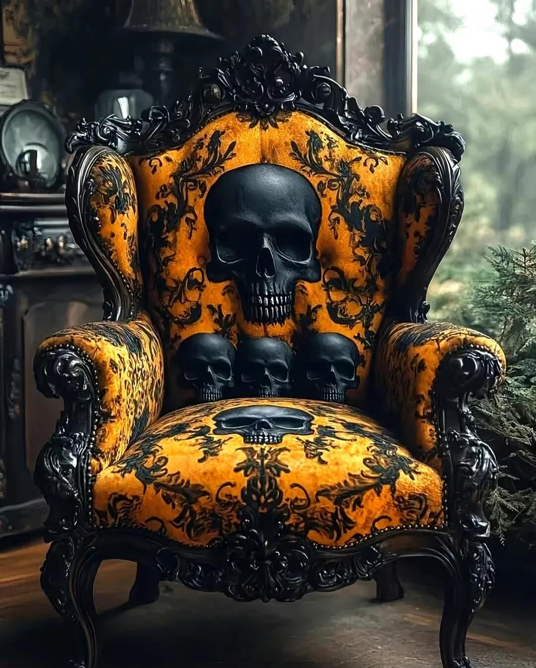 A yellow ornate armchair with black carved accents and multiple black skulls arranged on the seat and backrest.