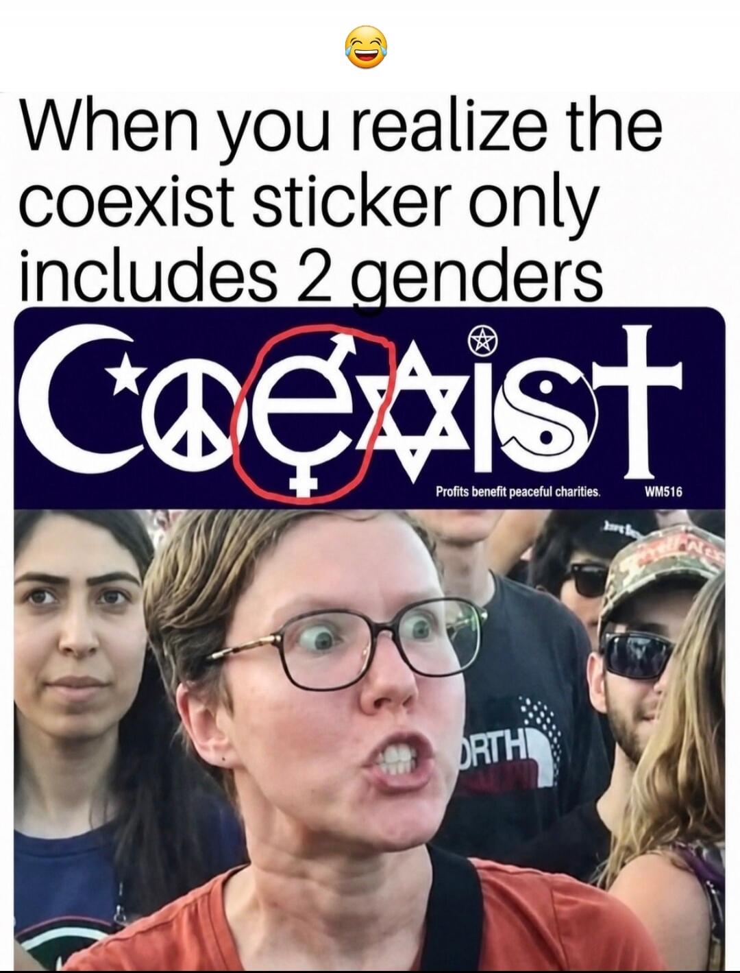 When you realize the coexist sticker only includes 2 genders. Profits benefit peaceful charities. WM516.