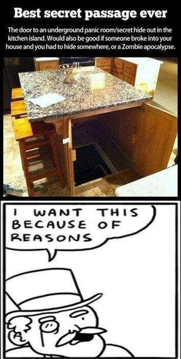 Best secret passage ever The doorto an underground panic roomsecret hide outinthe Kitchenisiand Would also be good f someone broke nto your house and you had to hide somewhere ora Zombie apocalypse I WANT THIS BECAUSE OF REASONS