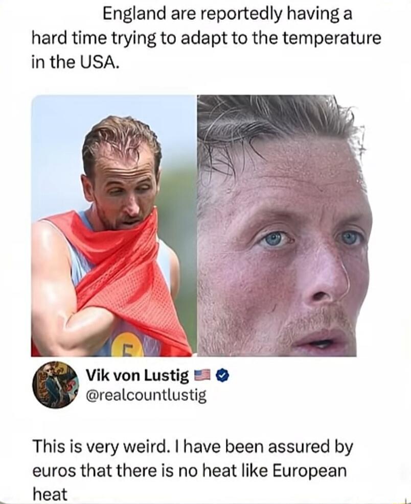 England are reportedly having a hard time trying to adapt to the temperature in the USA. Vik von Lustig @realcountlustig This is very weird. I have been assured by euros that there is no heat like European heat.
